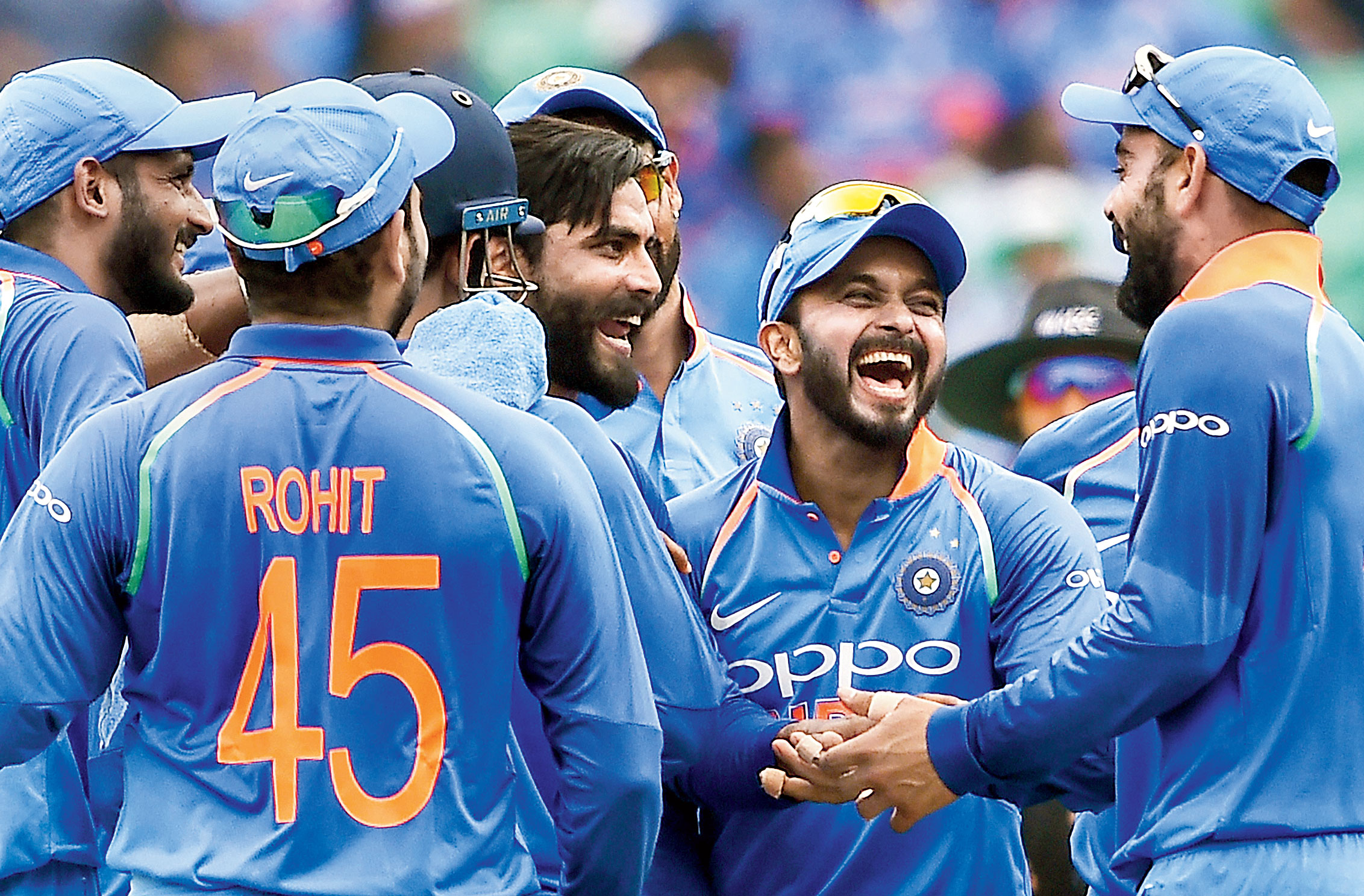 Ravindra Jadeja celebrates with captain Virat Kohli and teammates after dismissing Shimron Hetmyer during the 5th and final ODI against the West Indies in Thiruvananthapuram on Thursday. 