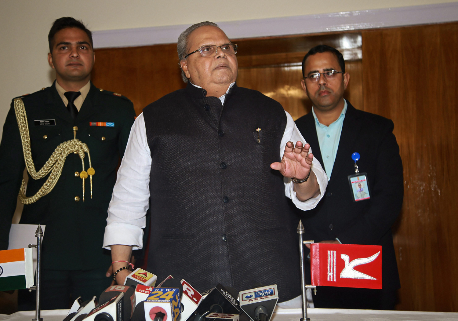  J&K governor Satya Pal Malik addresses the media in Jammu on Thursday. 