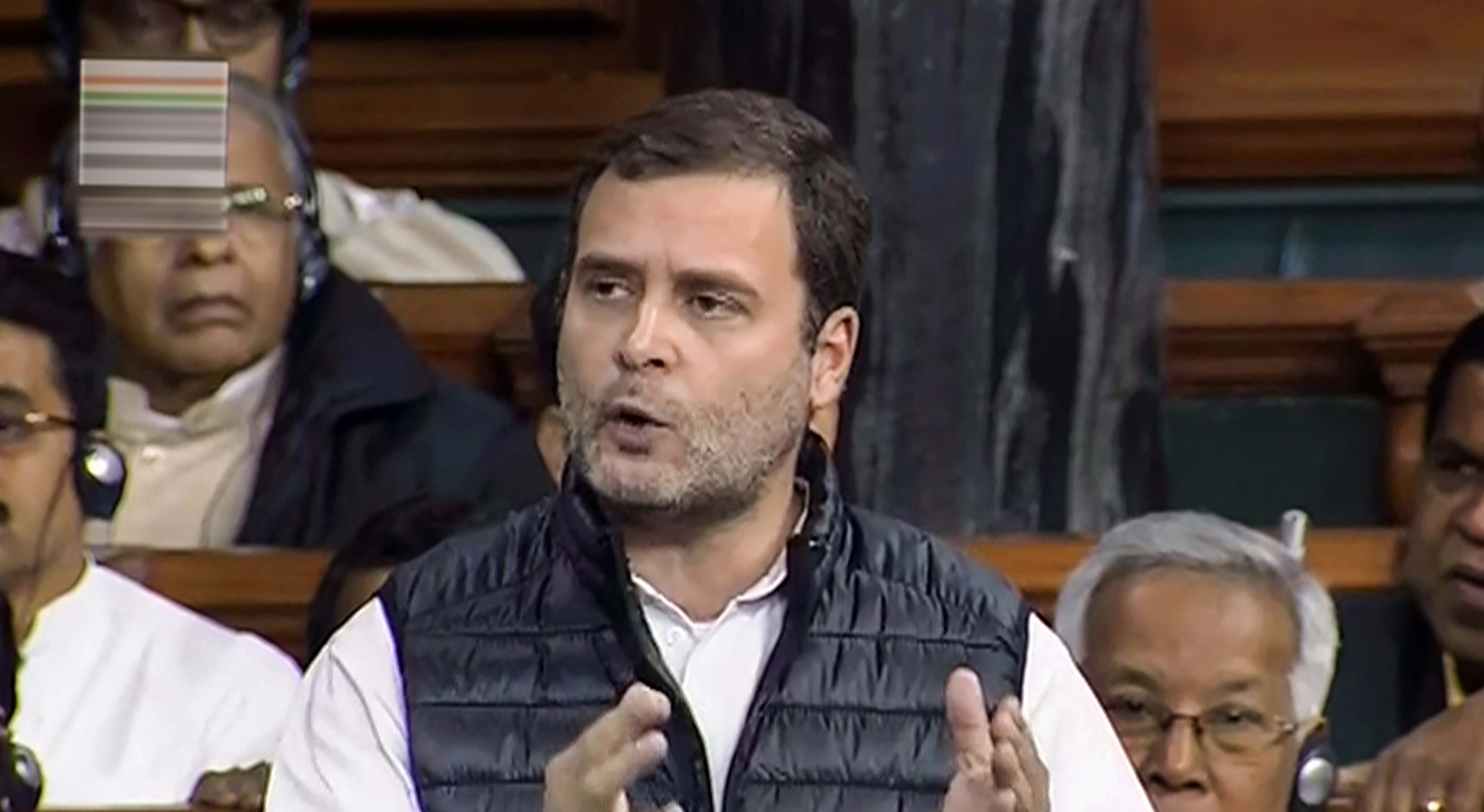 Congress chief Rahul Gandhi speaks during the discussion on the Rafale deal in the Lok Sabha on January 2.