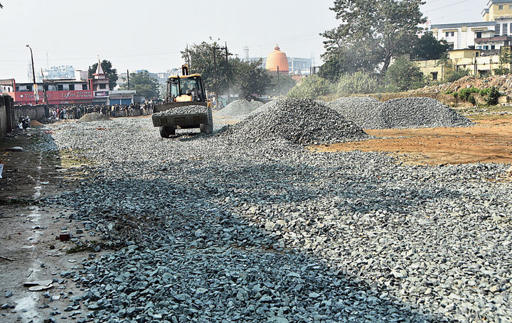 The under-construction road at the DAV Plus Two High School ground at Dari Muhalla in Purana Bazaar, Dhanbad, on Thursday