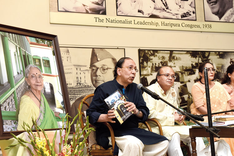 Brothers Sugata and (right) Sumanta Bose at a memorial meeting for their mother Krishna Bose at Netaji Bhavan on Wednesday evening. 