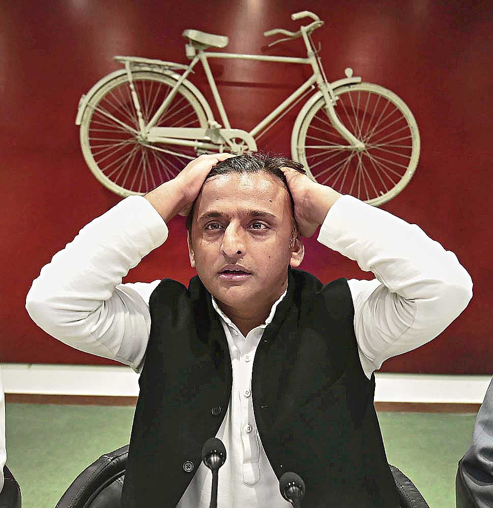 Samajwadi Party chief Akhilesh Yadav at a press conference at the party office in Lucknow on February 8. It is a matter of shame that he was stopped by the authorities at Lucknow airport from taking a flight to Allahabad.