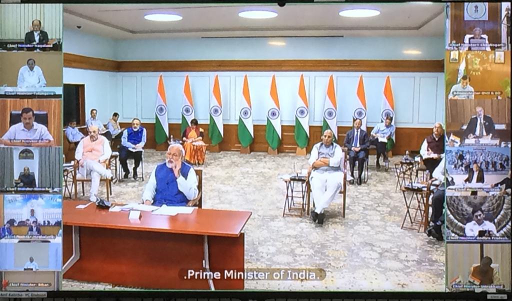 PM Narendra Modi with Defence minister Rajnath Singh, home minister Amit Shah and bureaucrats interact with state chief ministers on ways to check spread of coronavirus, in New Delhi, on Thursday, April 2, 2020.