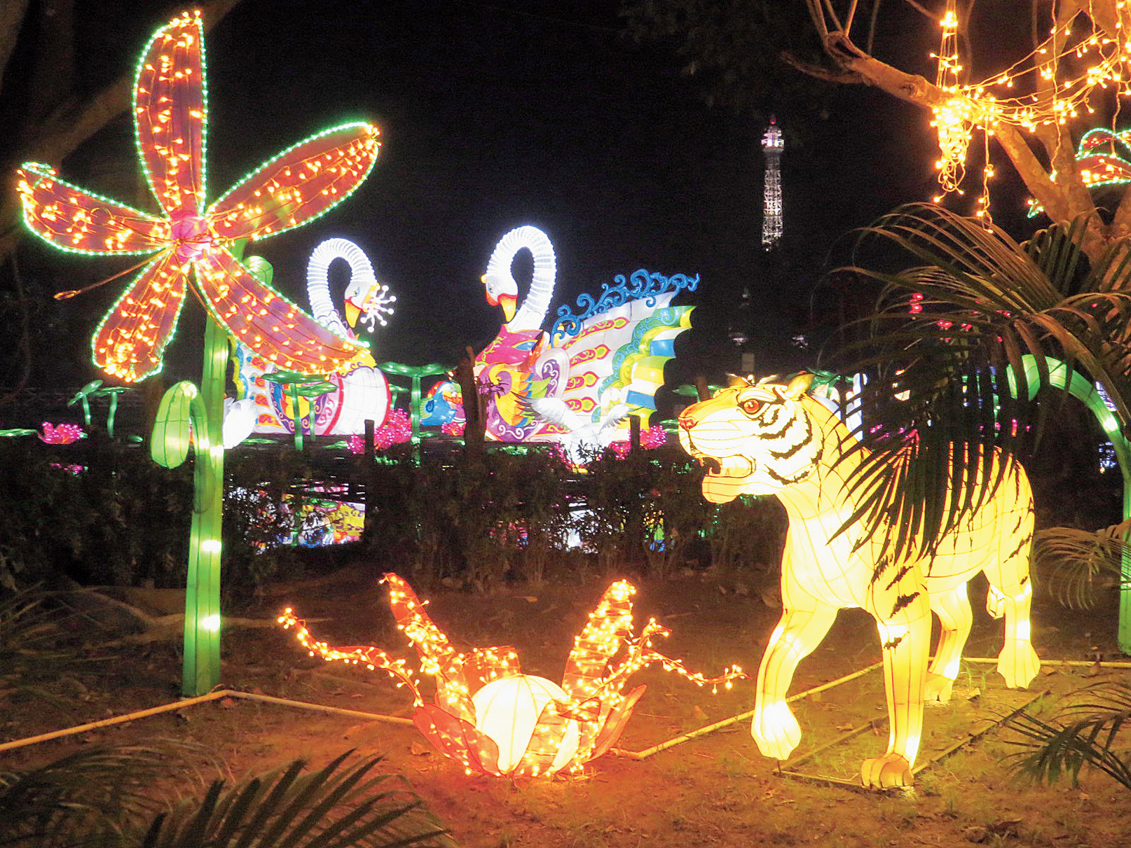 A tiger walks next to a crab. This is the first time the company has created a tiger lantern. In the background giant swans can be seen in the lake.