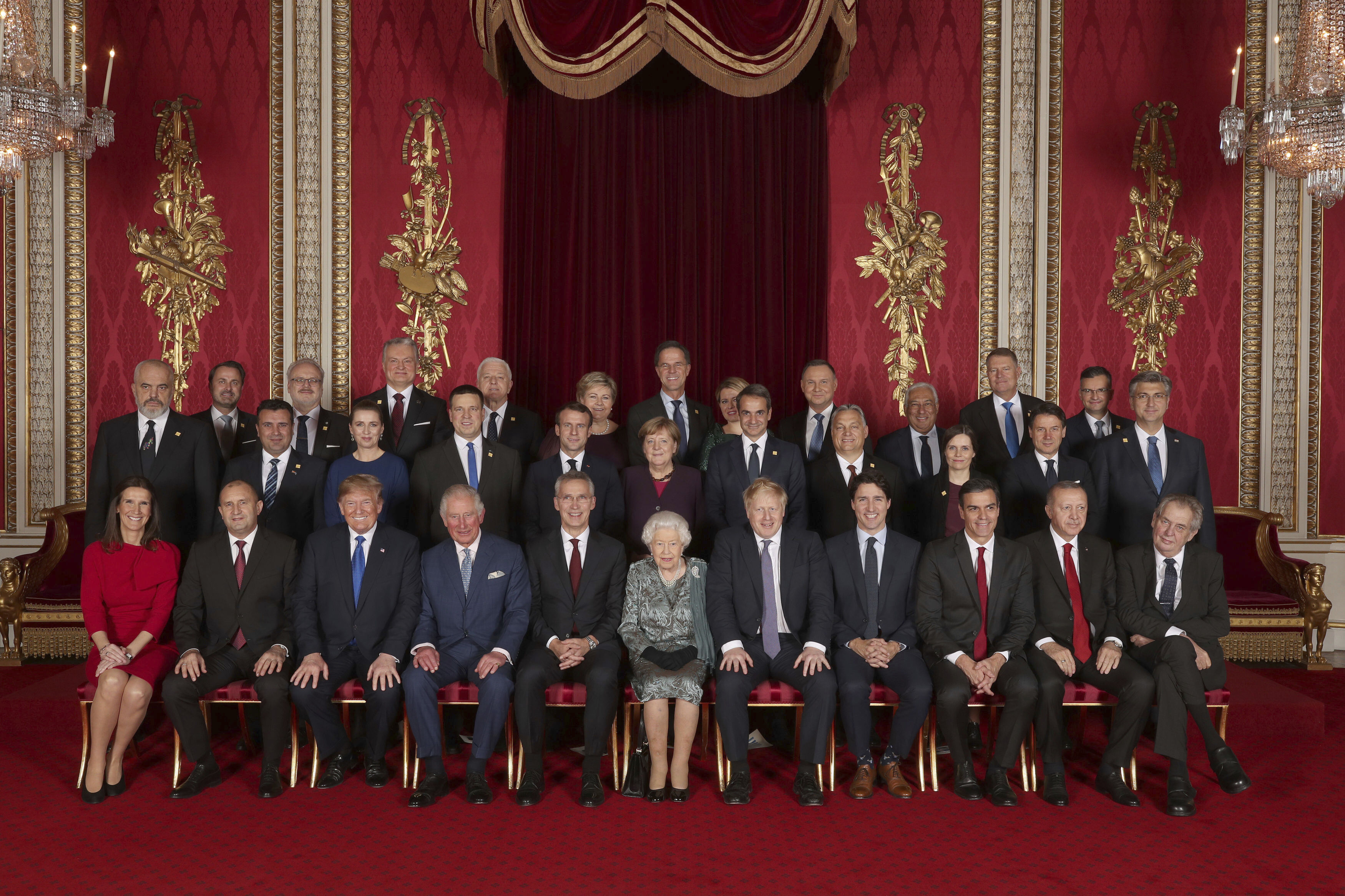 Leaders of the NATO alliance countries, and its secretary general, join Britain's Queen Elizabeth II and Prince Charles the Prince of Wales, during a reception at Buckingham Palace in London on December 3, 2019