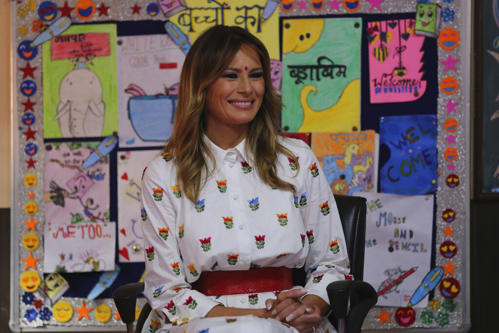 US First Lady Melania Trump sits inside a classroom at Sarvodaya Co-Educational Senior Secondary School in New Delhi