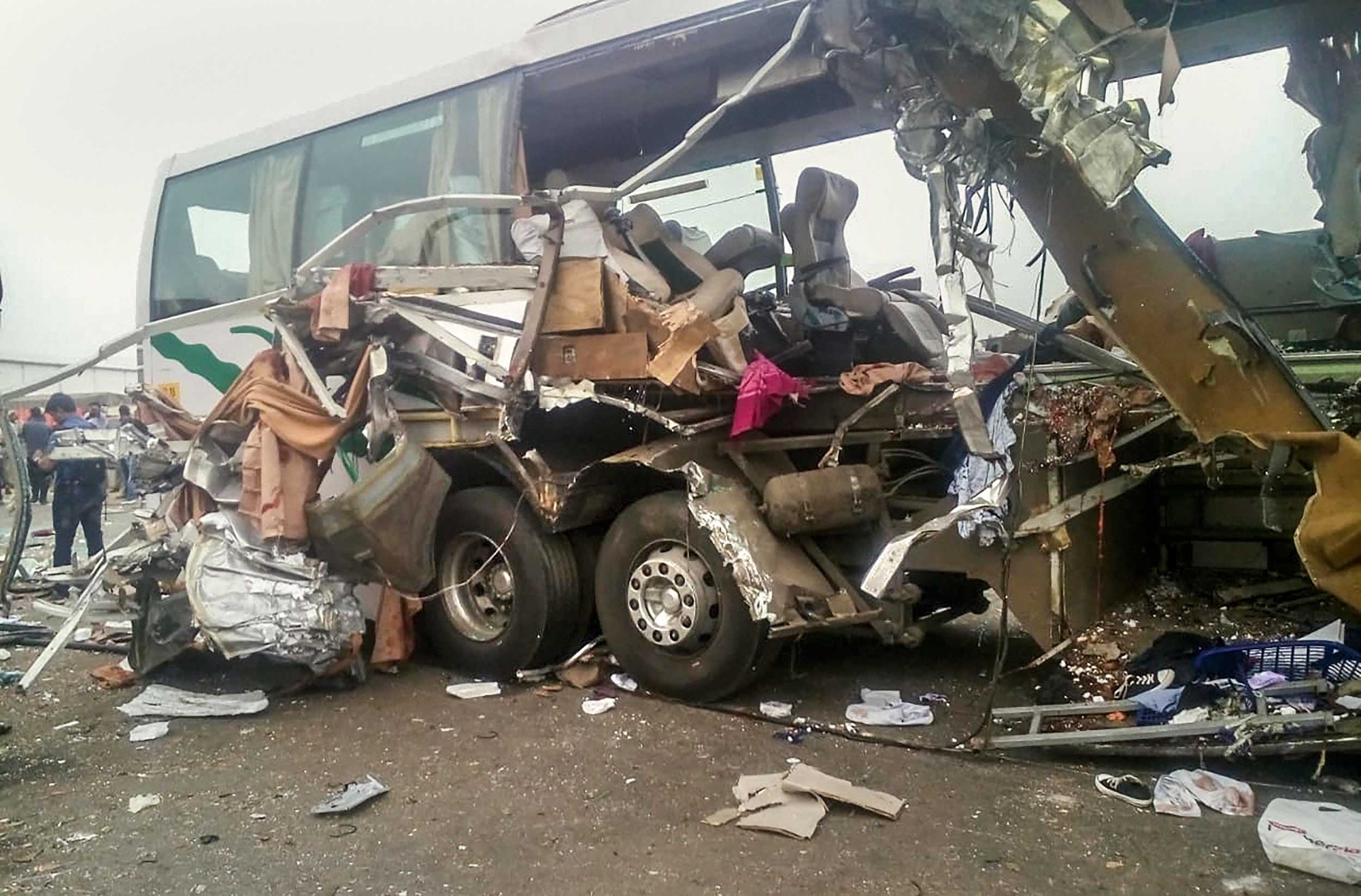 The damaged bus at Avinashi town in Tirupur, Tamil Nadu, on Thursday.