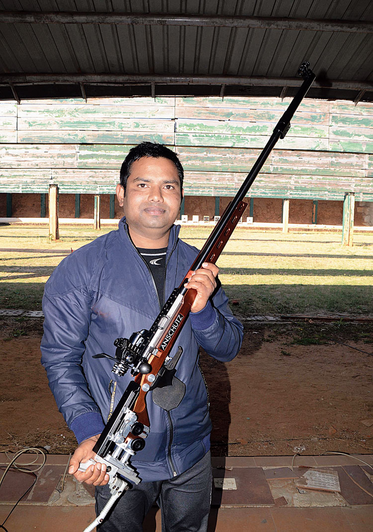 Akash Kumar Ravidas, Jharkhand's lone international sports shooter, at Hotwar mega sports complex in Ranchi on Monday