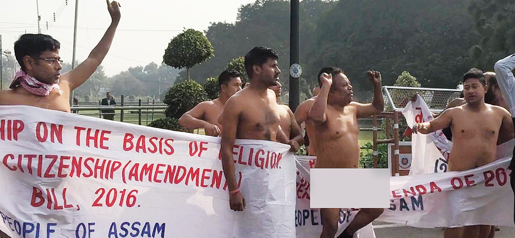 Activists of KMSS strip outside Parliament to protest Citizens Bill