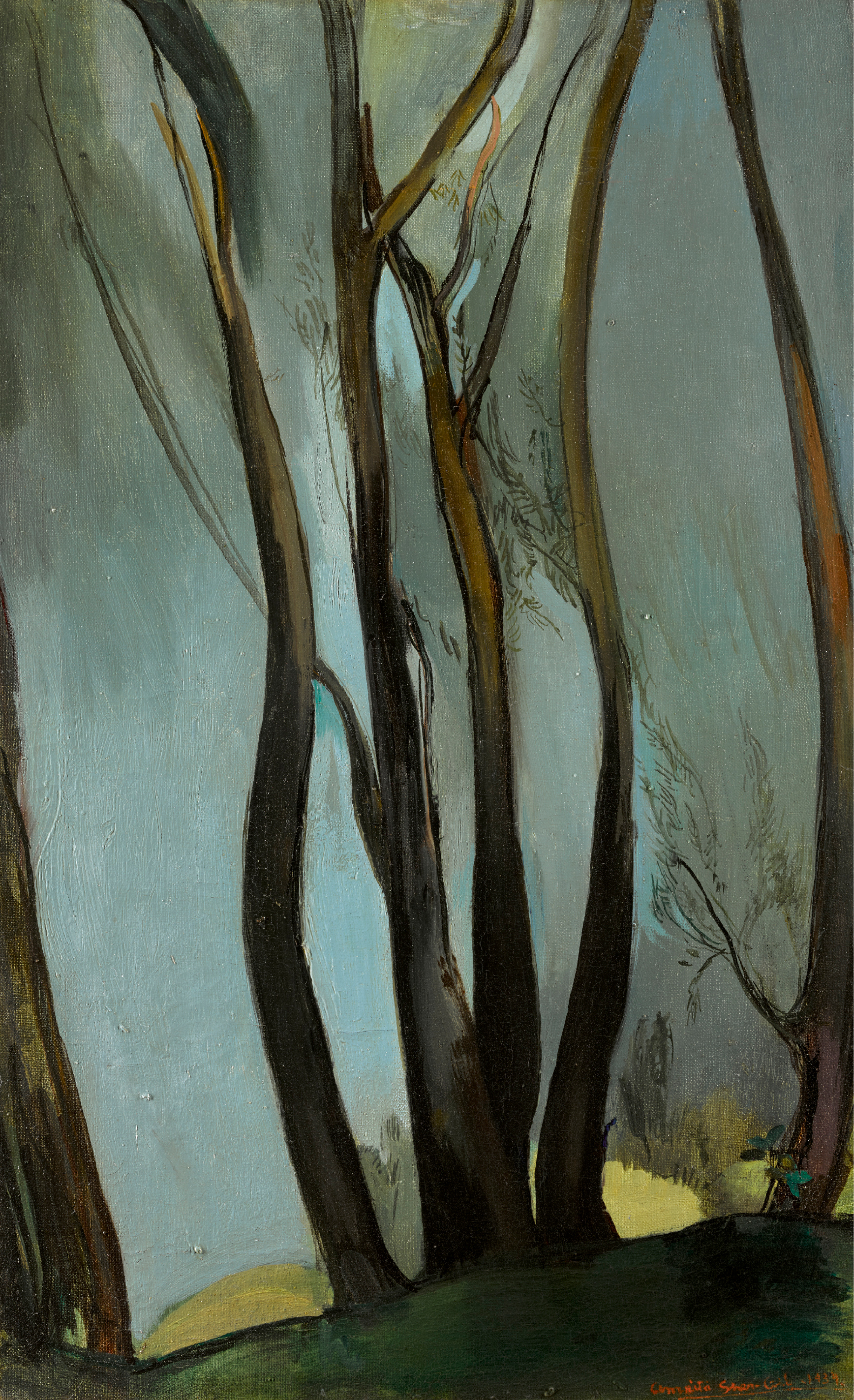‘Trees’ presents a rare opportunity to acquire a work painted by Sher-Gil outside India and in free circulation. Thus far only six works have ever appeared for auction on the international market and only ten works are known in private collections outside India. The painting was purchased by the artist’s friends László and Rózsi Urbach directly from Sher-Gil in 1939 and has remained in their family’s collection ever since.
‘Trees’ was painted in Hungary in 1938, at a moment when she had amalgamated not only what she had learned as a student in France but also what she had imbibed in India, where she had already created some of her most well-known masterpieces.
Born in Budapest in 1913, Sher-Gil spent almost one third of her tragically short life in Hungary and grew up on Hungarian fables and folk songs. While much has been written about her work, those pieces from her Hungarian period are lesser known, adding to their desirability.
Amrita Sher-Gil, Trees; Oil on canvas, 1939, 61.2 x 38.3 cm; 500,000 - 700,000 GBP