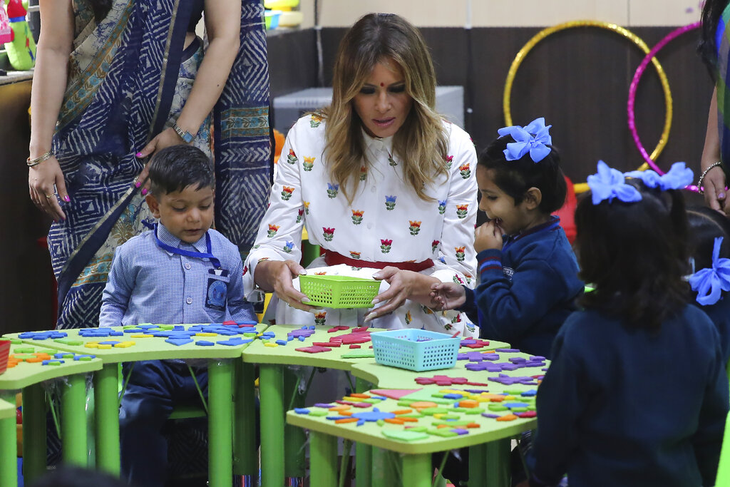 US First Lady Melania Trump participates in an activity with children in an activity room at Sarvodaya Co-Educational Senior Secondary School in New Delhi