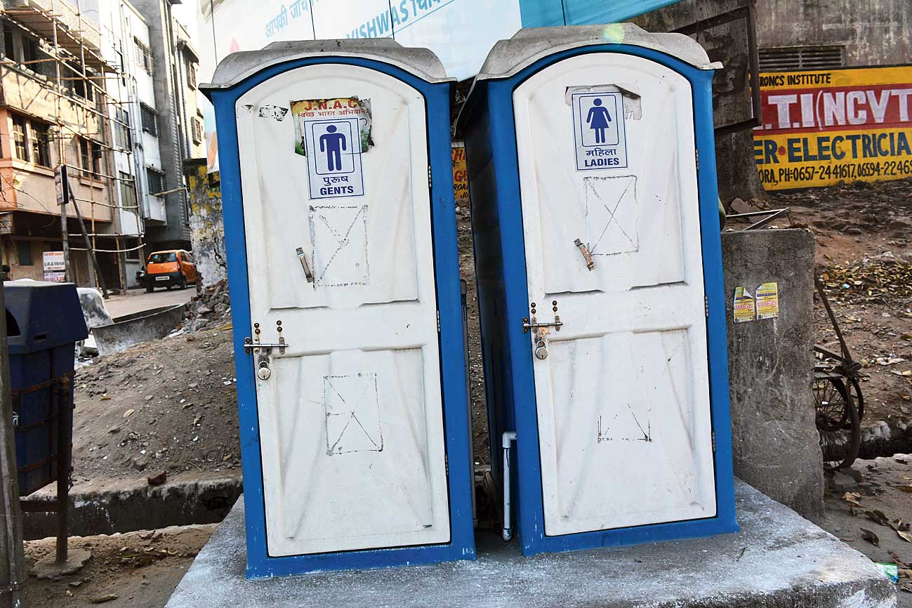 A locked modular toilet in Golmuri, Jamshedpur, on Friday. 
