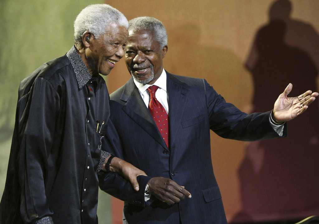 In this July 22, 2007, file photo, Nelson Mandela and former United Nations Secretary General Kofi Annan arrive at the 5th annual Nelson Mandela Lecture at the Linder Auditorium in Johannesburg.