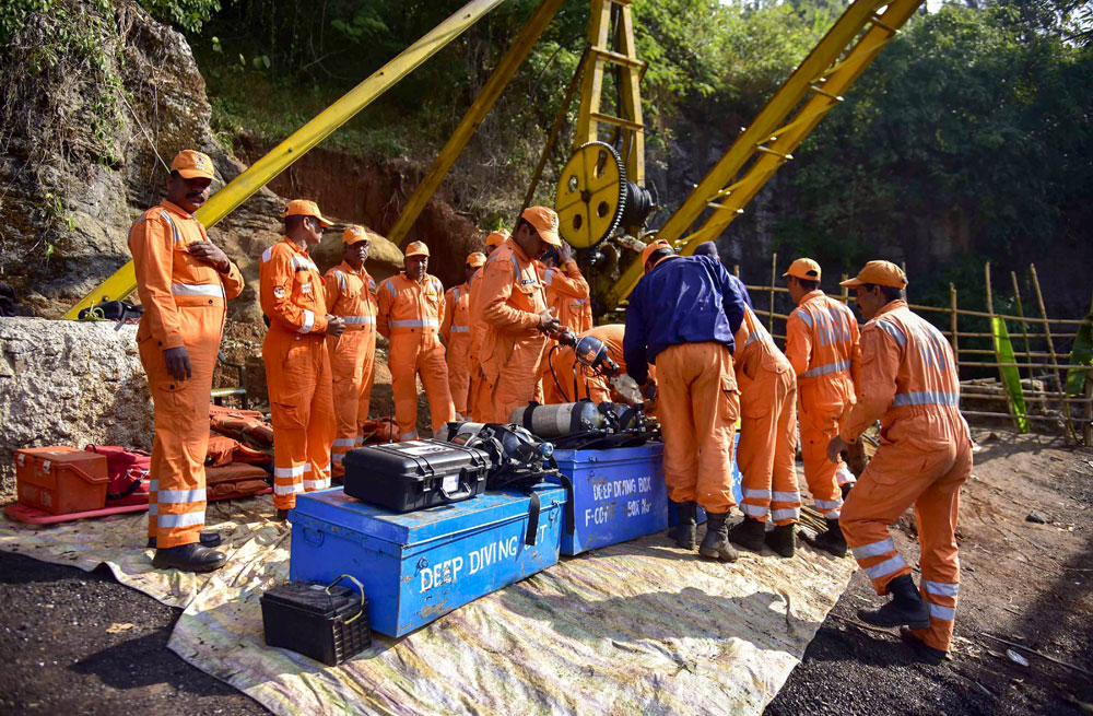NDRF personnel at the site of the coal mine collapse at Ksan, in the Jaintia Hills district of Meghalaya. No emergency measures can be on standby if the activity is illegal. 