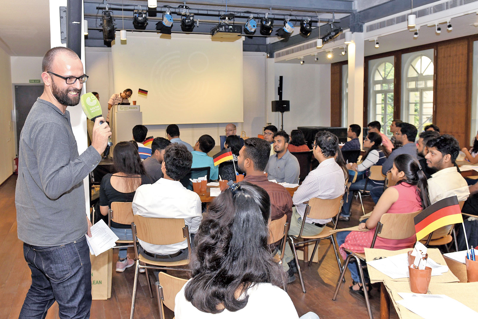 Jonas Wachinger, a German student interning with the German consulate in Calcutta, with students at Tuesday’s session at Goethe-Institut.