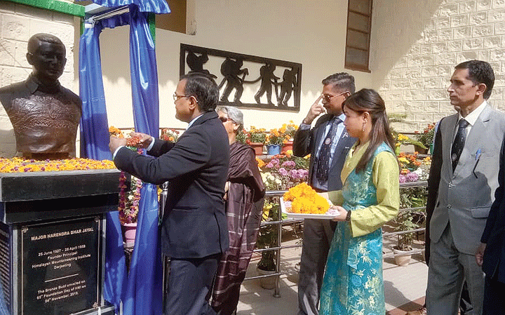 Surendra Gupta offers tributes to Narendra Dhar Jayal at the foundation day celebrations of the institute on Monday 