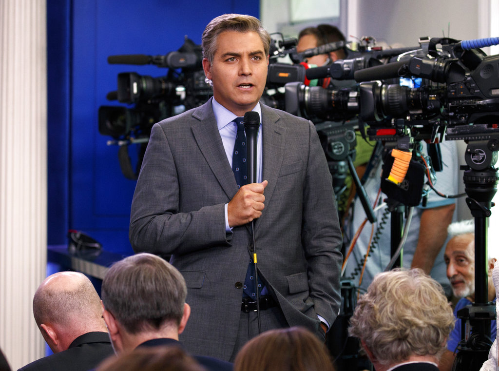 In this August 2, 2018 file photo, Jim Acosta does a stand-up before the daily press briefing at the White House.