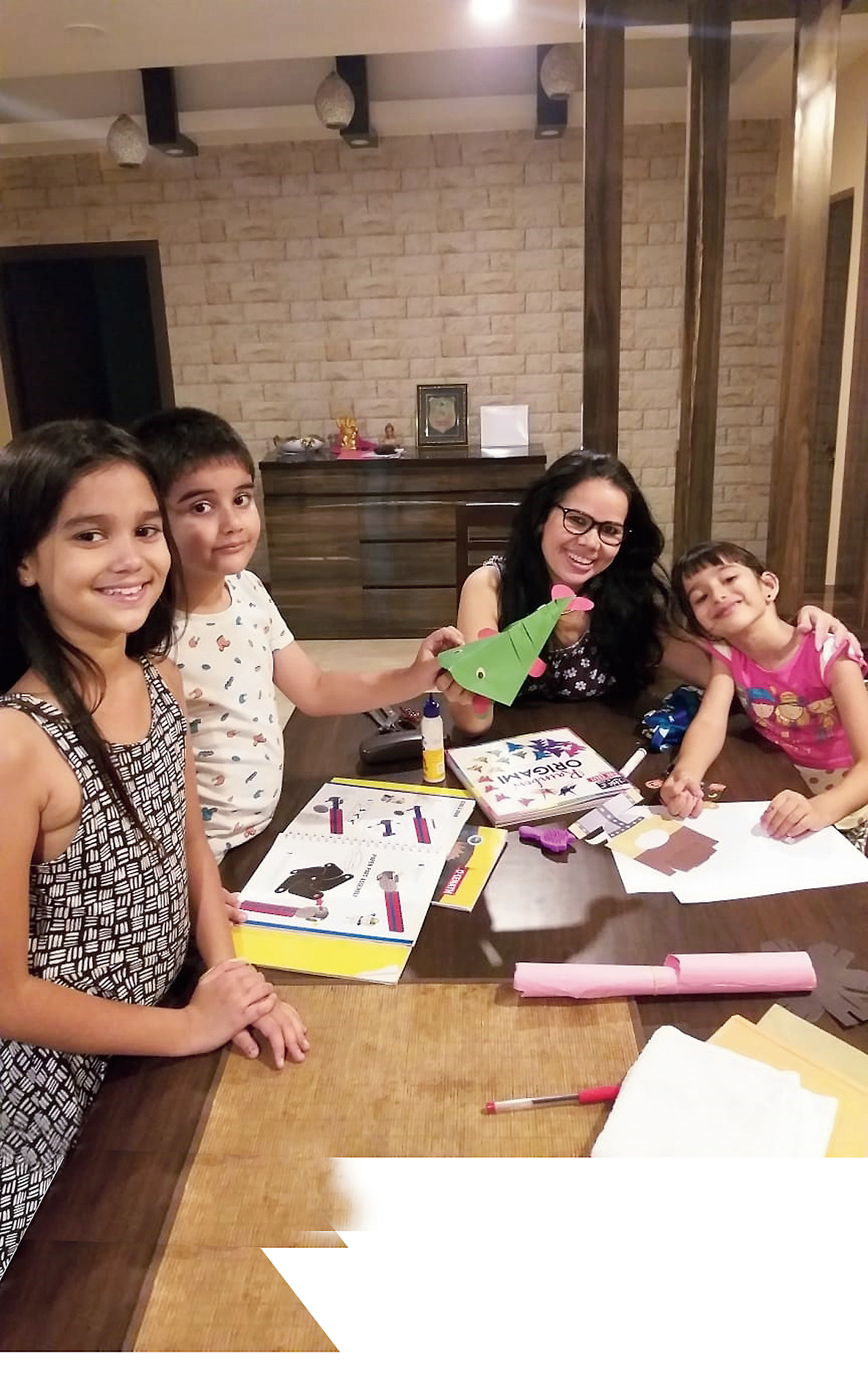 Jessica with Vivaan and Kaira, get creative with craft.