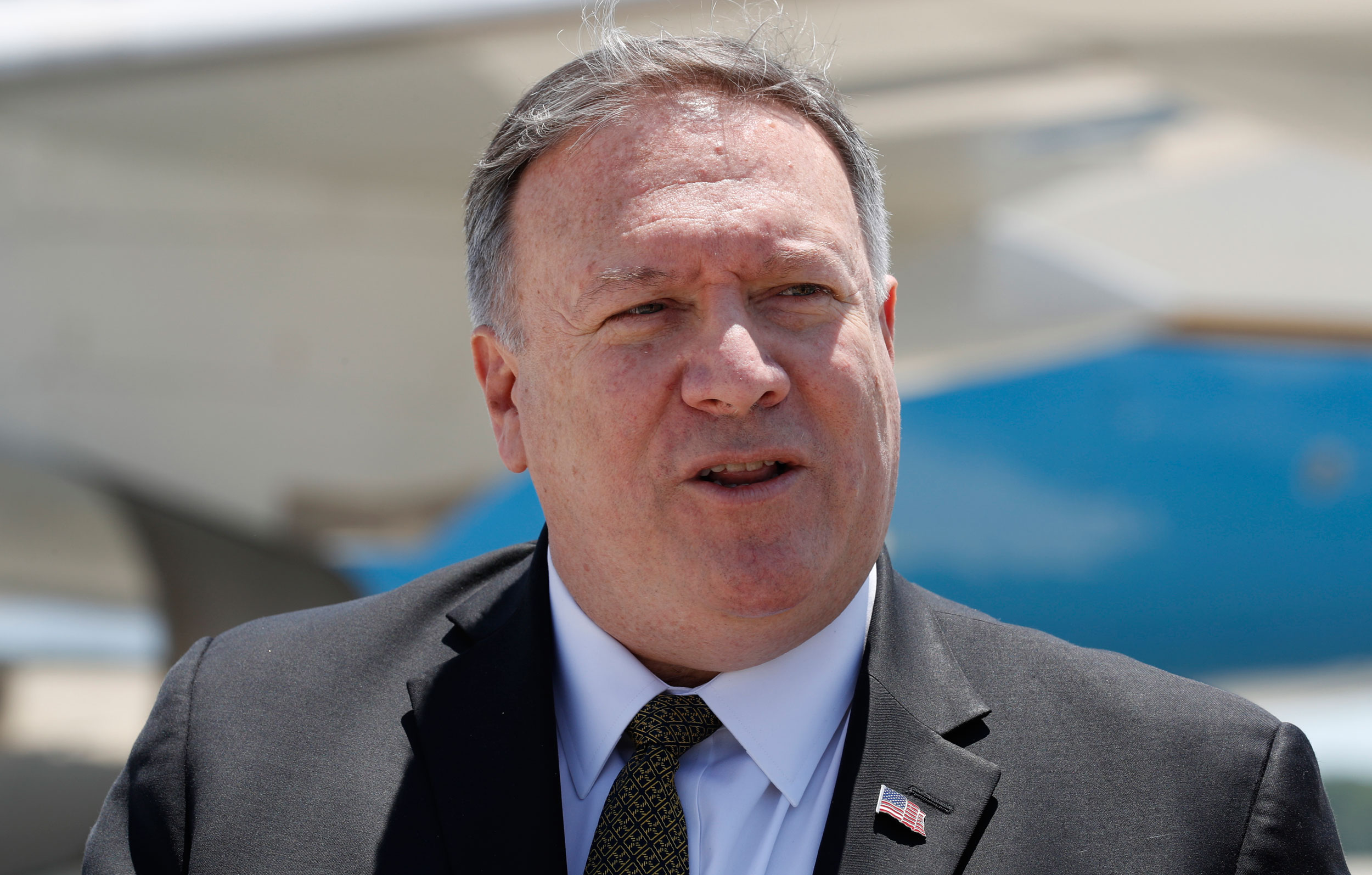US secretary of state Mike Pompeo speaks to the media at Andrews Air Force Base, on June 23, 2019, before boarding a plane headed to Jeddah, Saudi Arabia. 
