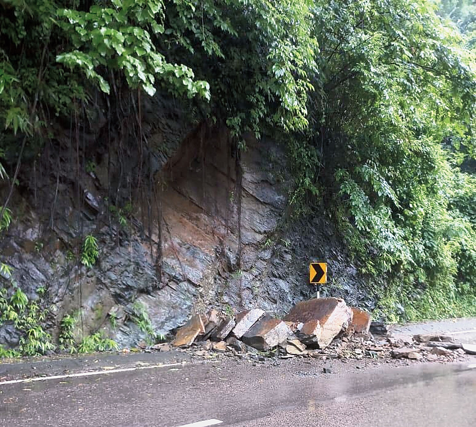 Landslip debris on the road in East Jaintia Hills.