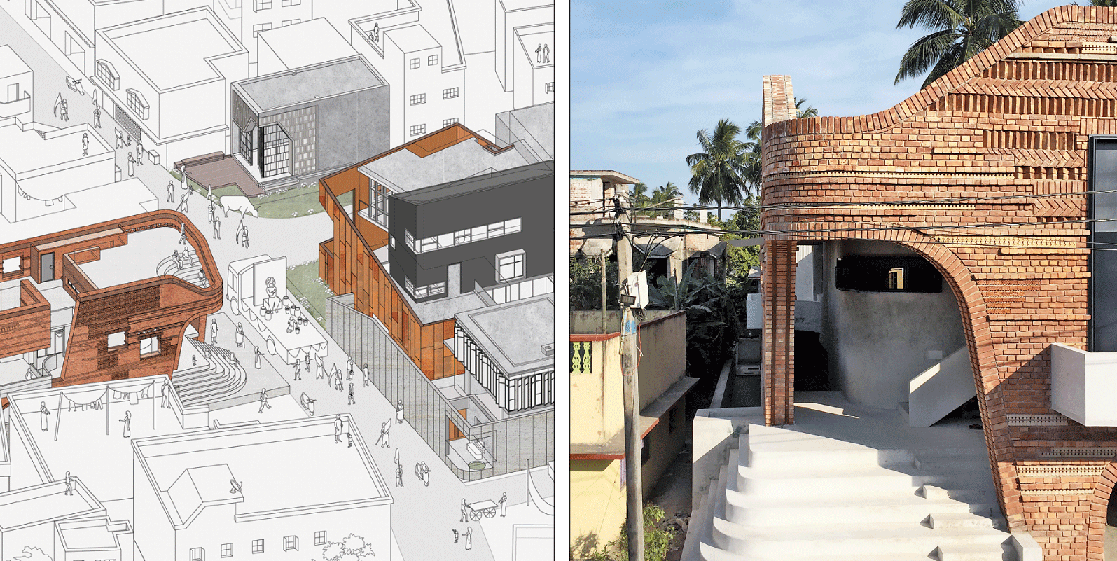 (From left) The architectural illustration for a Bansberia locality; a terracotta community centre inspired by the local Hansaraj temple in Bansberia