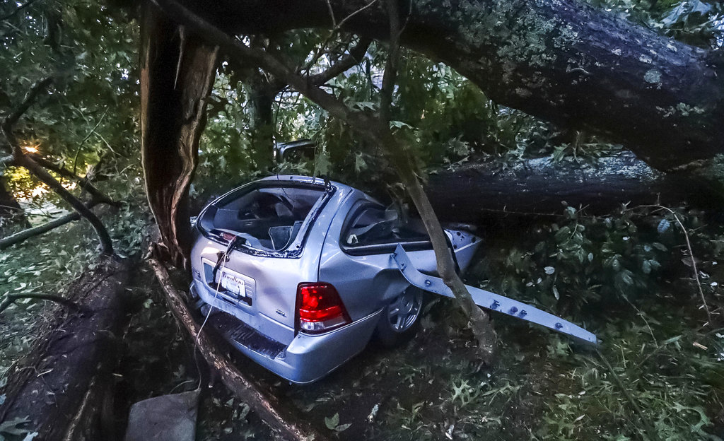 A vehicle sits under a fallen tree where an occupant was trapped due to tropical storm winds brought by Hurricane Michael in Atlanta.
