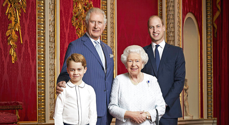 Queen Elizabeth, Prince Charles, Prince William and Prince George pose for a photo to mark the start of the new decade in the Throne Room of Buckingham Palace, London