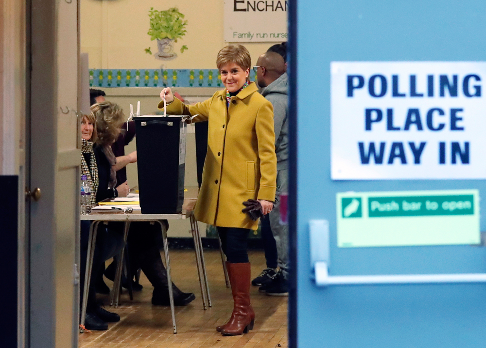 Scottish First Minister Nicola Sturgeon casts her vote in Glasgow, Scotland, on December 12