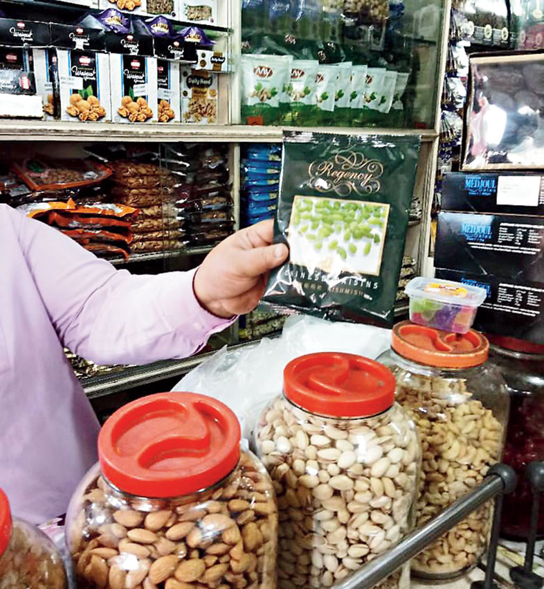 Chinese raisins for sale at a dry fruit’s shop at Bistupur in Jamshedpur on Thursday