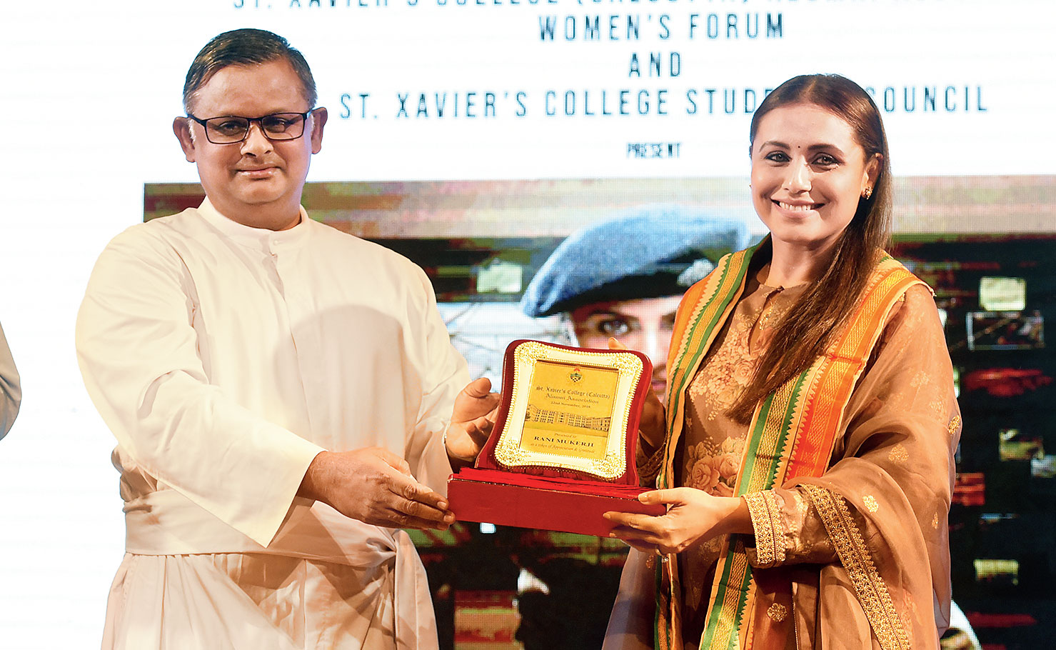 Rani was felicitated by Father Dominic Savio, the principal of St. Xavier’s College. “I don’t think anyone is here to listen to me... they are all here to listen to you! Despite exams, the students have come to hear and meet you and it’s a packed audience,” he told Rani.