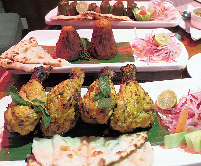  Tangri Golestani, stuffed with mutton keema, Firdausi Alu and (far top) Basillica Paneer Tikka. 
