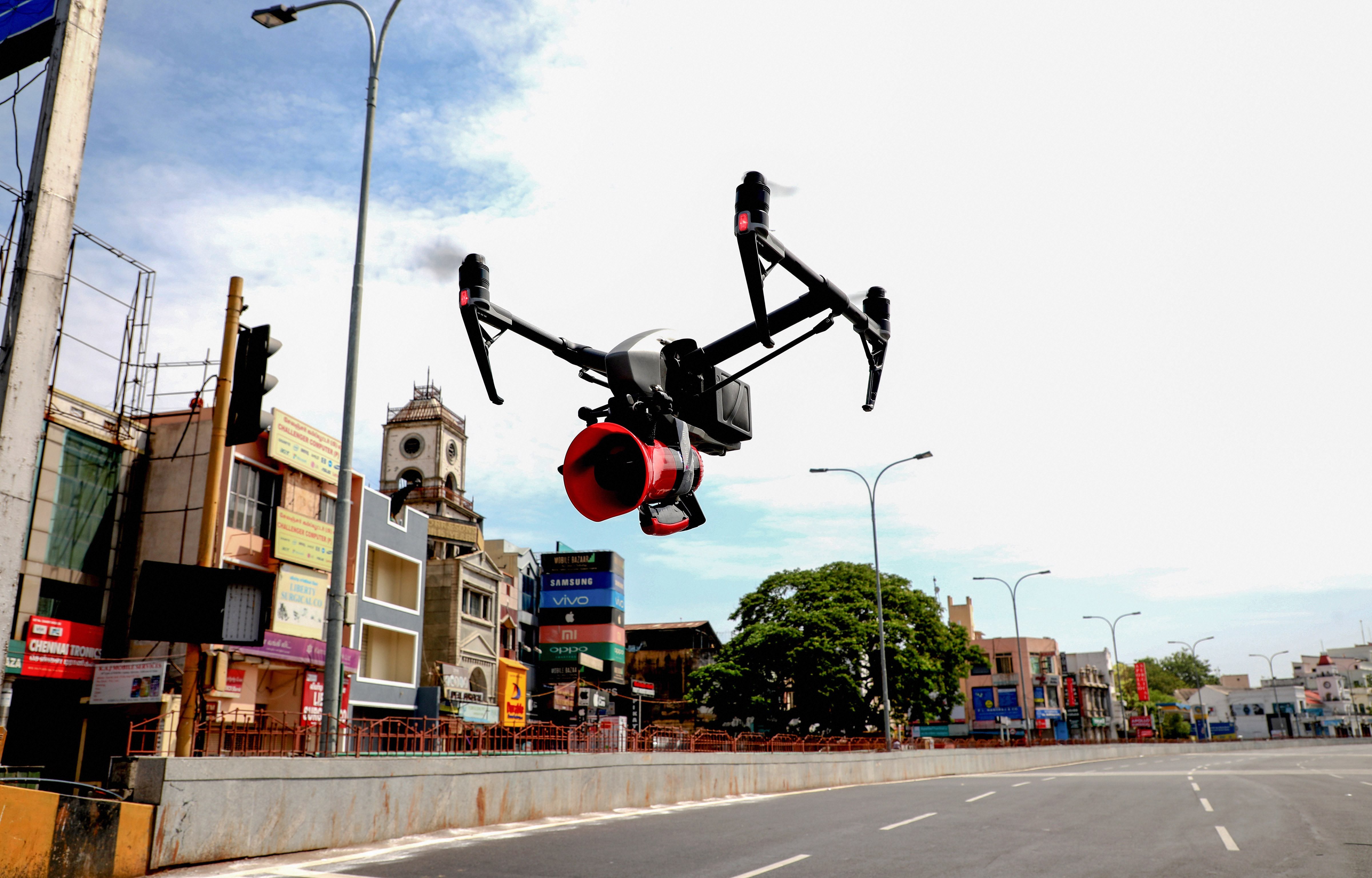 Police use a drone to monitor activity and announce awareness messages after authorities imposed 12 days intensified lockdown due to surge in Covid-19 cases, in Chennai, Friday, June 19, 2020.