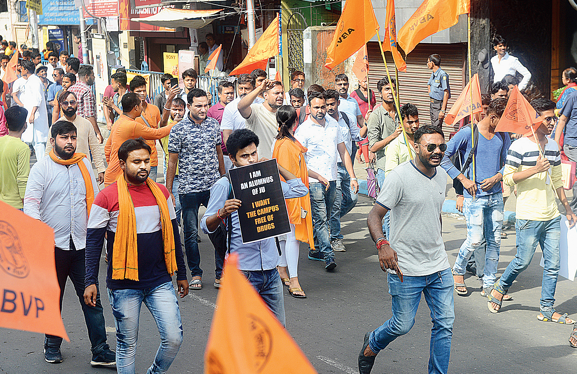 ABVP protesters march towards Jadavpur on Monday.