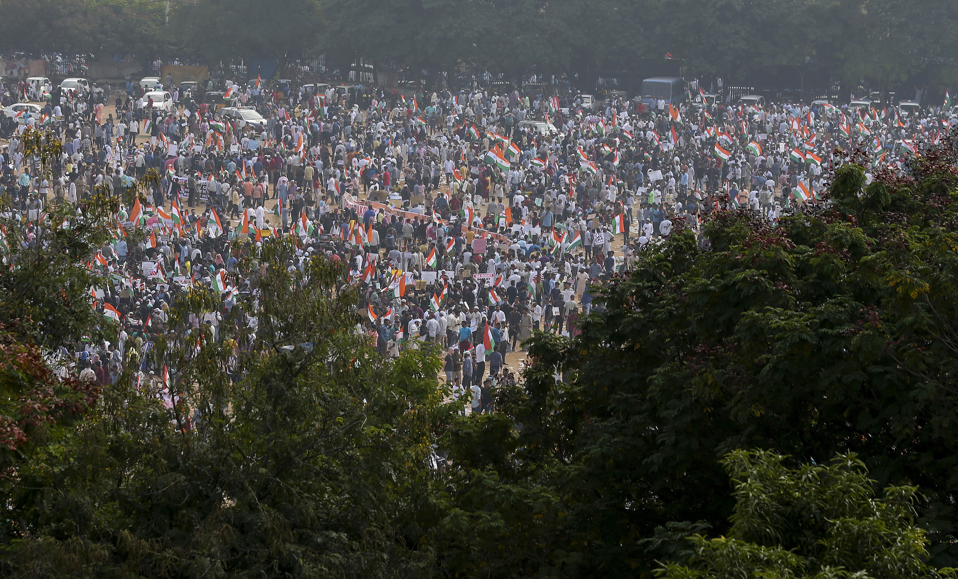 Indians participate in a protest against the citizenship law that opponents say threatens India's secular identity in Hyderabad, India, Saturday, January 4, 2020