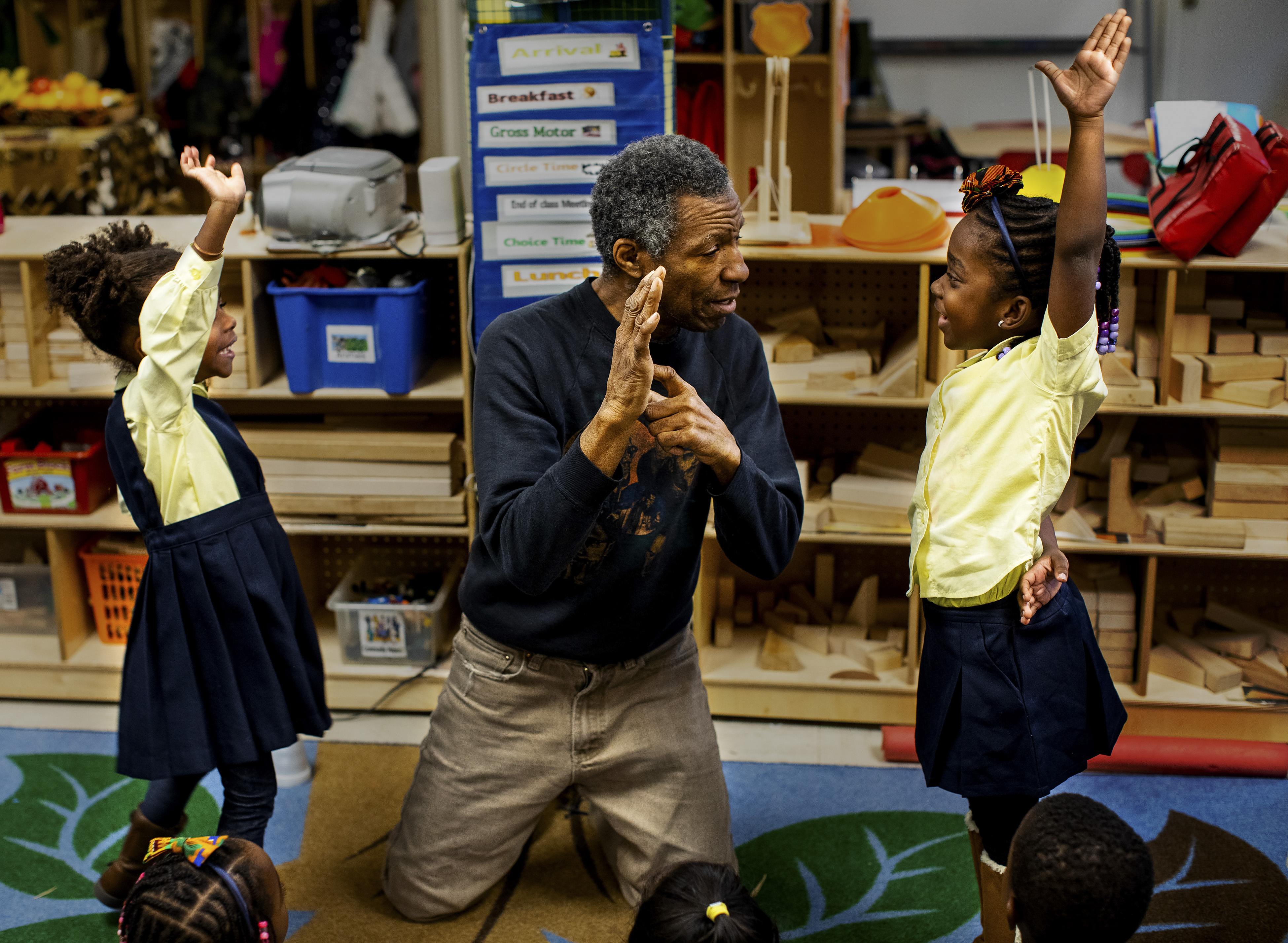 Thomas Lewis, a martial arts instructor, teaches a lesson at Little Sun People, a private preschool in Brooklyn.