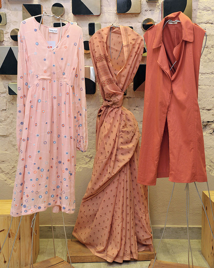 (From left) A tunic by Nakita Singh, a sari by Aavaran Udaipur and a shrug by The Pot Plant, which will be auctioned at the pop-up.