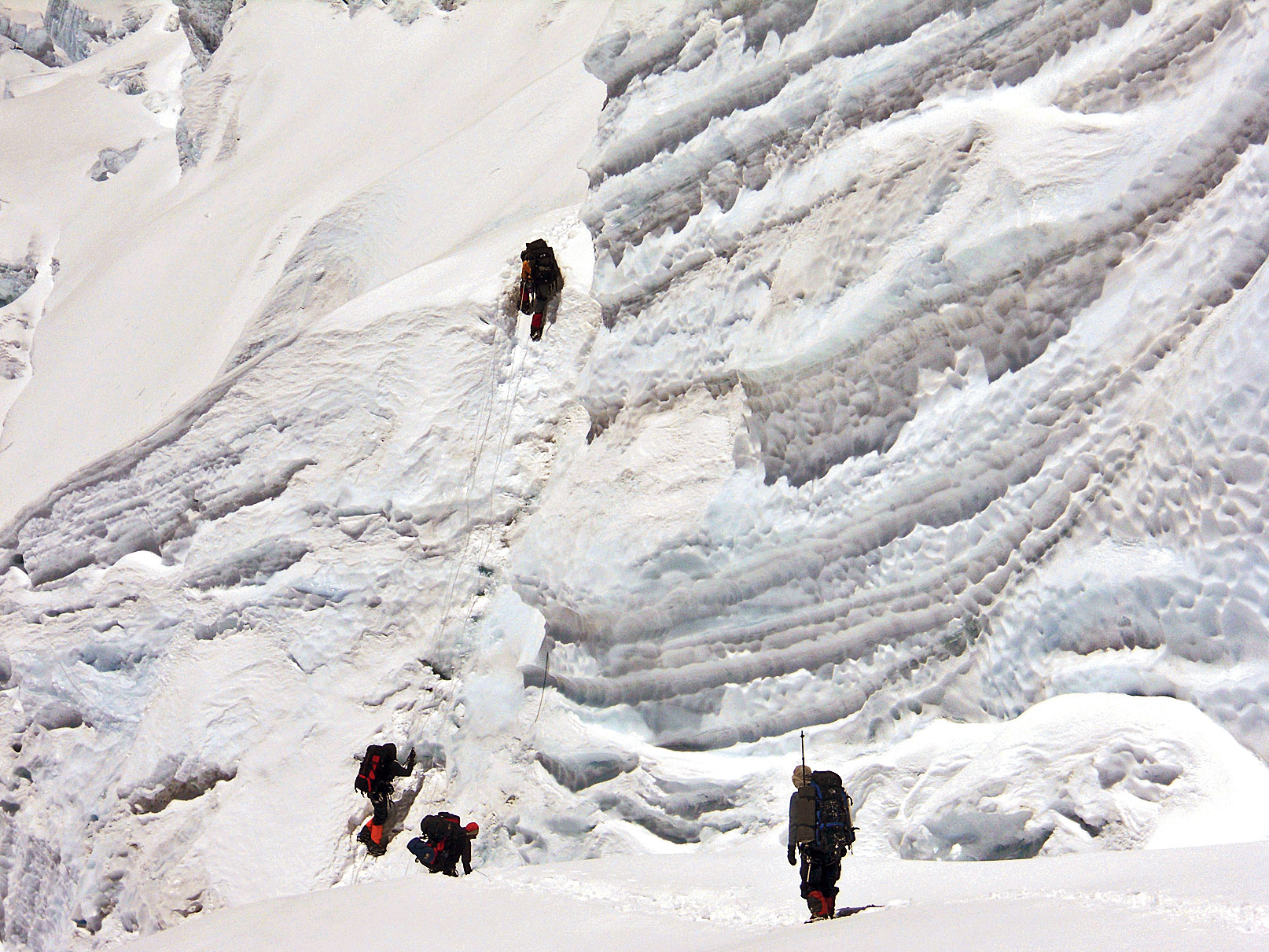 Singha Ray and his team climb an 80 degree-steep gradient on their way from camp II to III