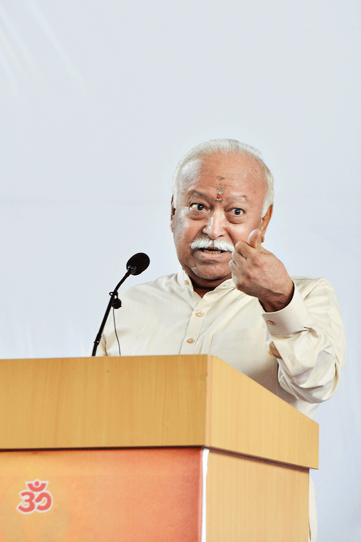 Mohan Bhagwat at the news conference in New Delhi after the Ayodhya verdict on Saturday