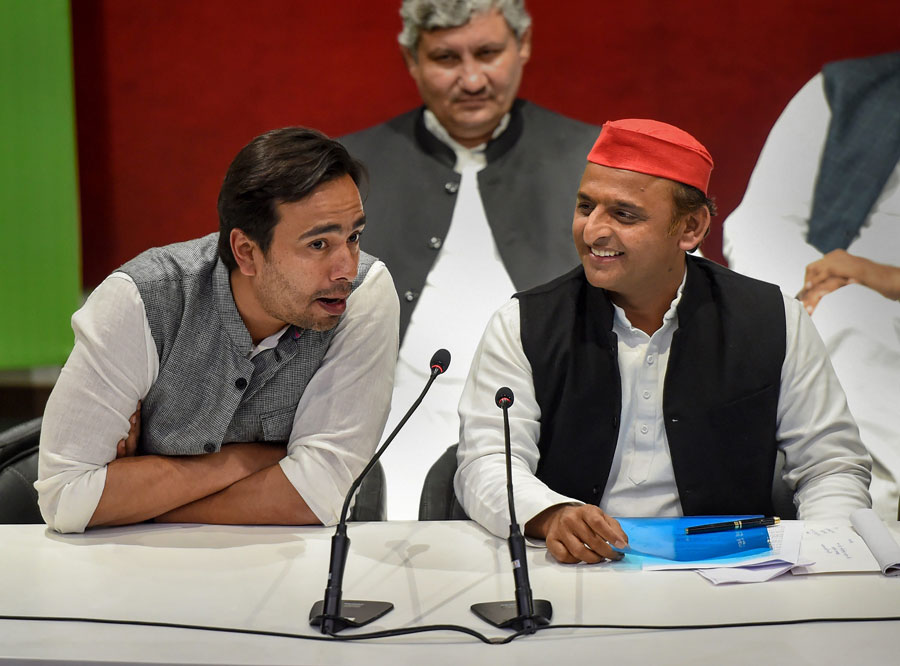 Samajwadi Party (SP) President Akhilesh Yadav(right) and RLD Vice President Jayant Chaudhary during a joint press conference, at the SP office, in Lucknow on Tuesday, March 5, 2019.