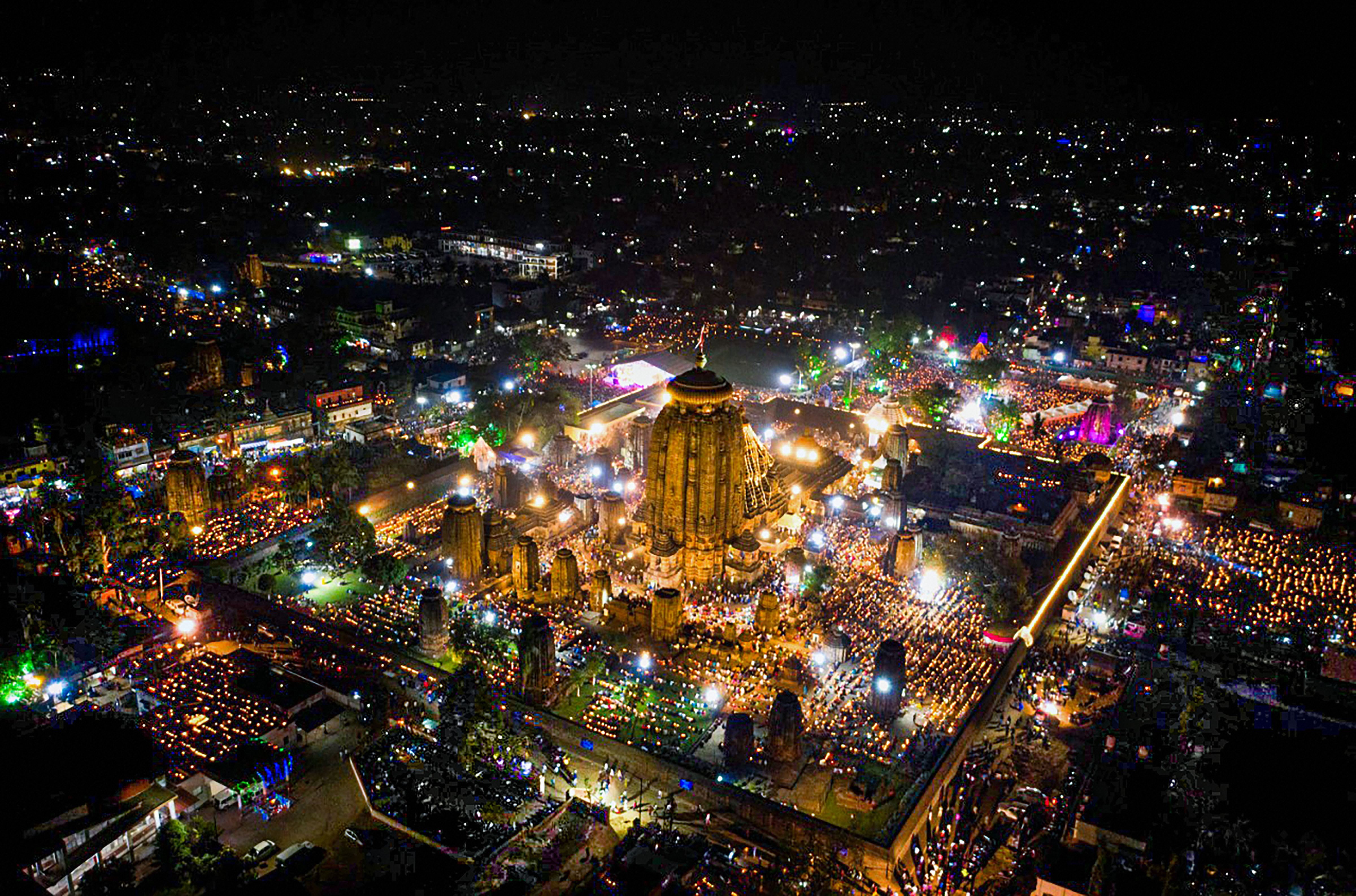 An aerial view of an illuminated Shiva Lingaraj temple on the occasion of Maha Shivratri, in Bhubaneswar, Friday