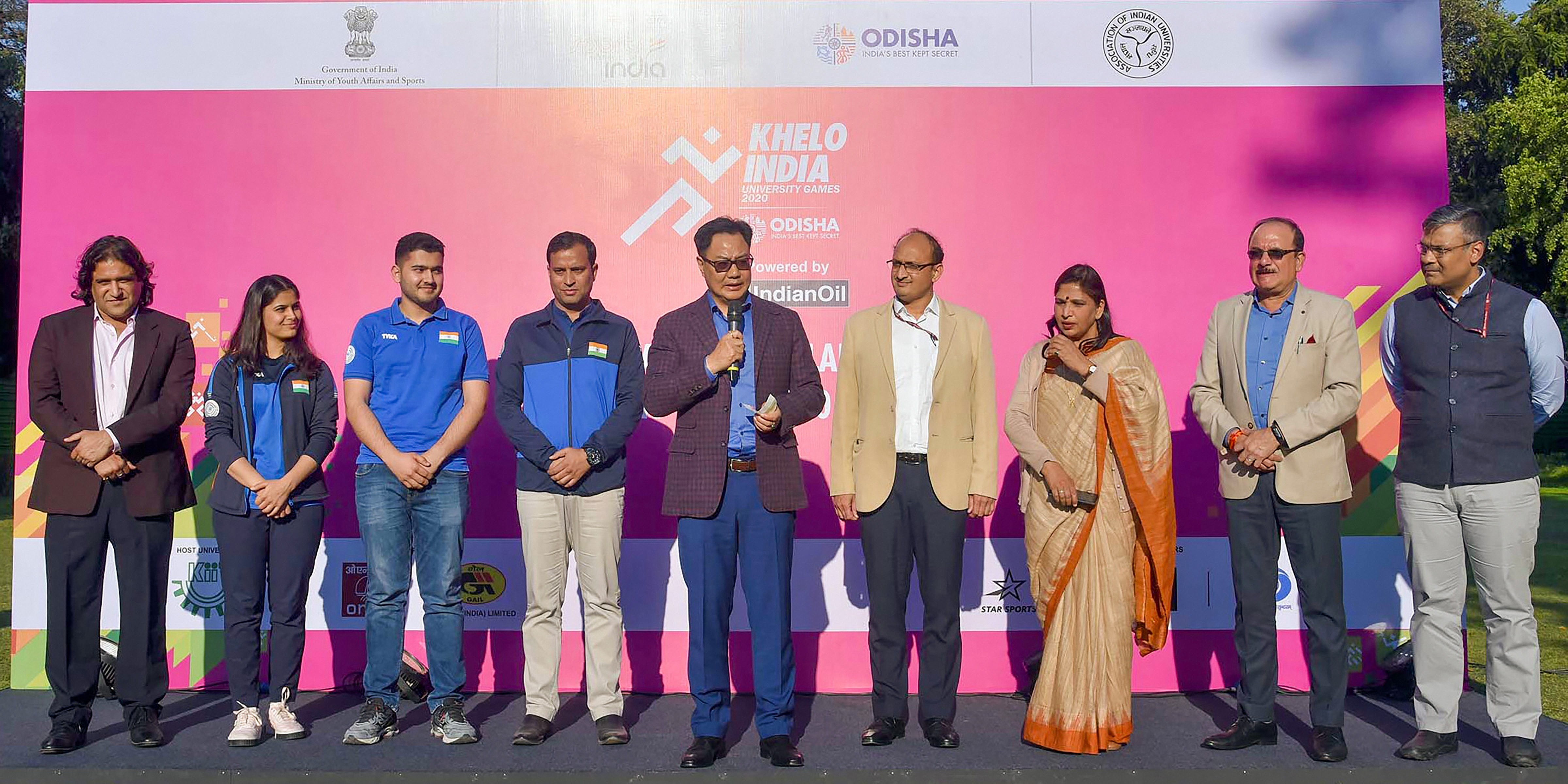 Union minister of state for youth affairs & sports (independent charge) and minority affairs Kiren Rijiju addresses at the launch of the Khelo India University Games Anthem, in New Delhi, Monday, February 17, 20