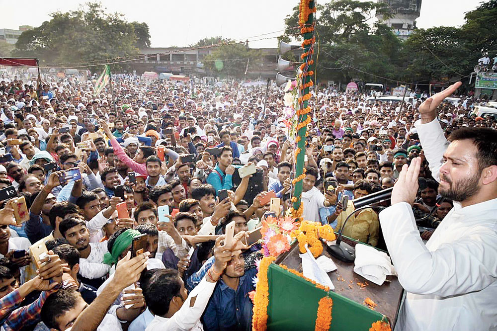 Poll bugle: Tejashwi Prasad Yadav addresses supporters at Siwan’s Gandhi Maidan on Monday.
