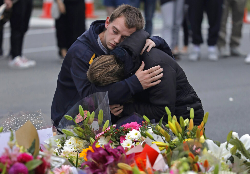Mourners at a makeshift memorial near the Masjid Al Noor mosque in Christchurch on Saturday.