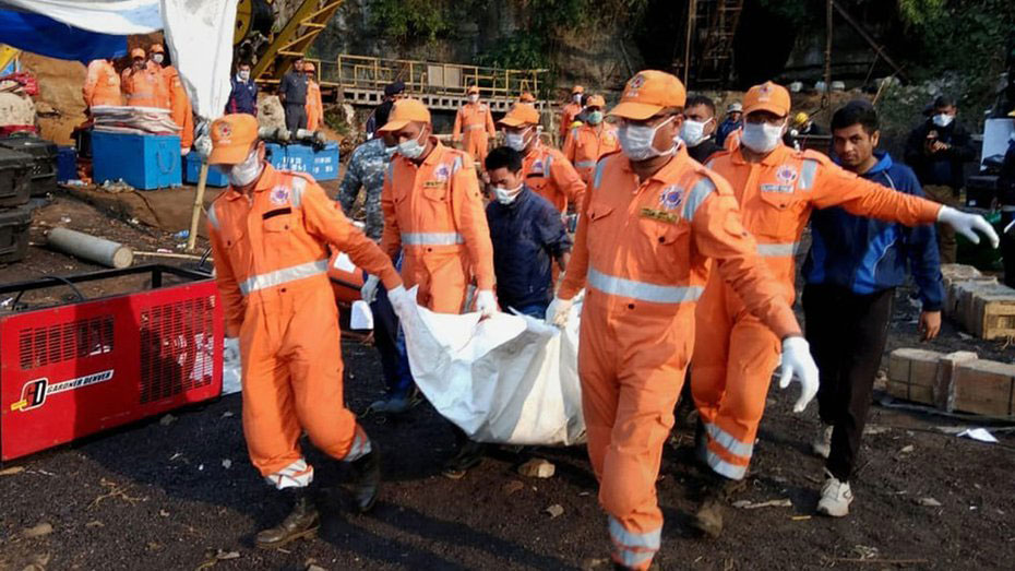 An unidentified body of a trapped miner is retrieved during a rescue operation in East Jaintia Hills on January 24, 2019. Rathole mining — an unscientific method which involves digging dangerously narrow tunnels — continues unabated even though it was banned in 2014