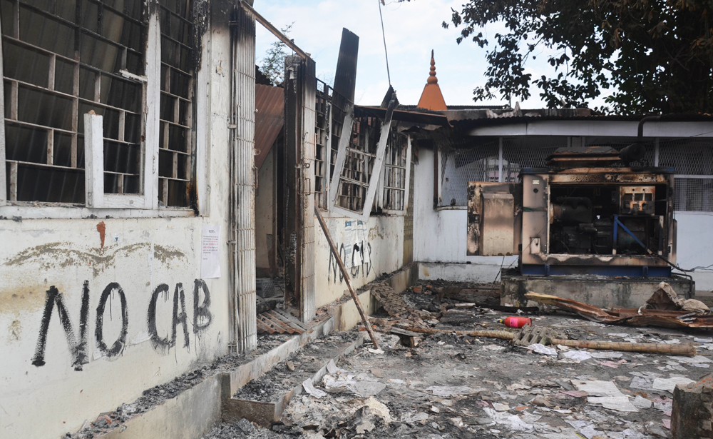 The charred post-office at Chabua that was allegedly vandalised during an Anti-Citizenship Amendment Act protest, in Dibrugarh district of Assam, Tuesday, December 17, 2019.