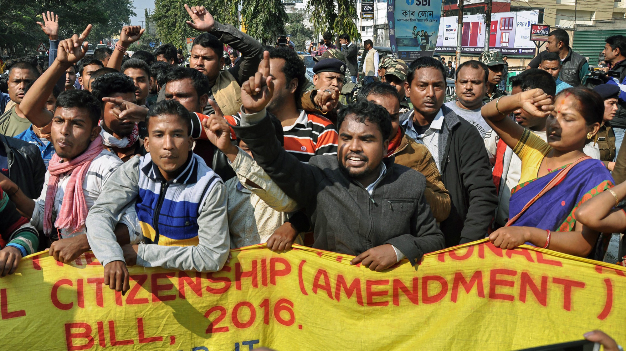 Protesters in front of the Assam Secretariat demonstrate against the Citizenship (Amendment) Bill, 2016, in Guwahati on Wednesday, January 9