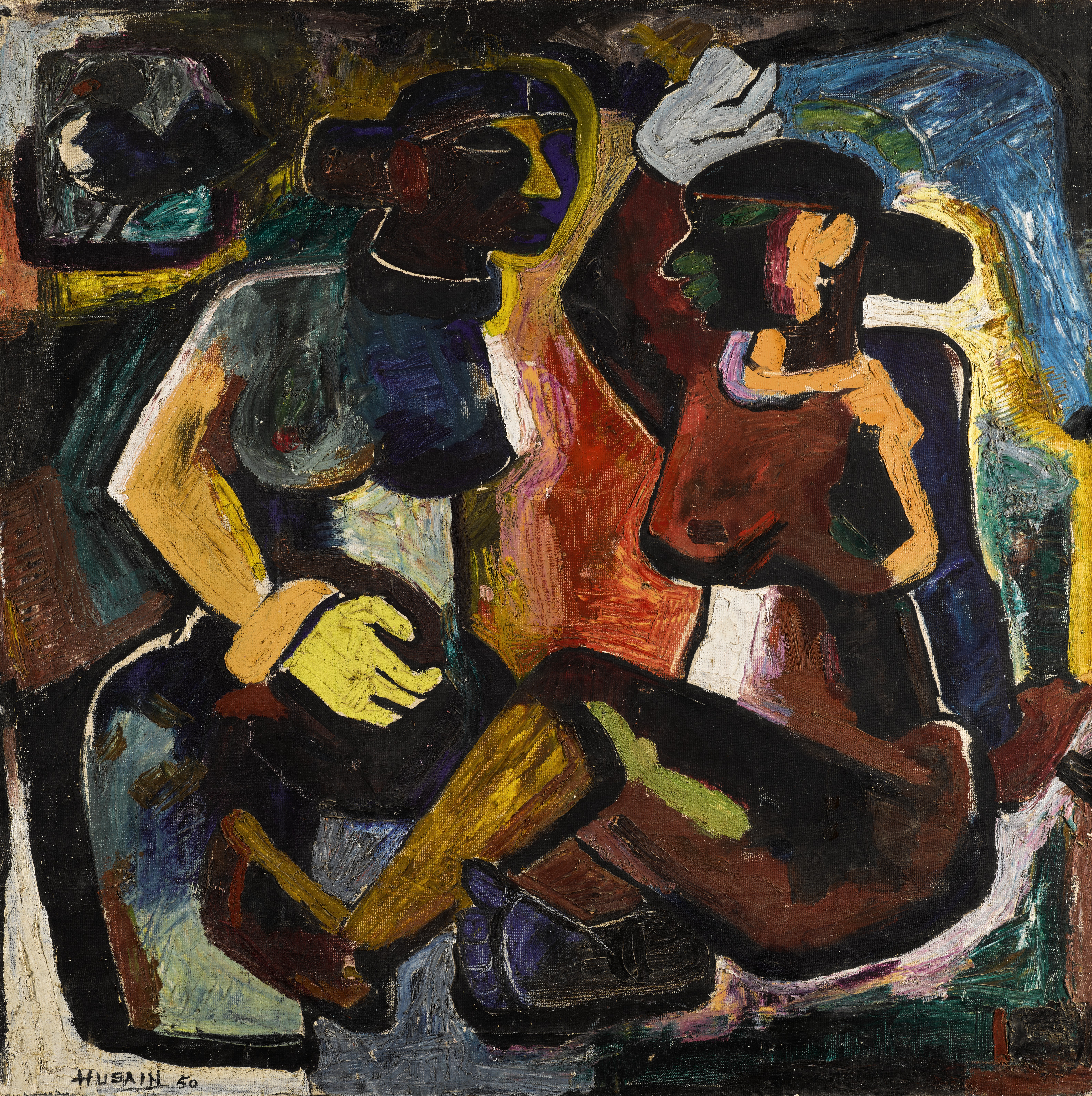 The current painting belongs to the body of work that Maqbool Fida Husain produced between 1948 and 1951, the time of the formation of the Progressive Artists’ Group. The relationship between artist and his childhood is crucial to the understanding of this period of Husain's work, when his painting was informed by the colours and forms of the brightly coloured traditional Indian toys. Maqbool Fida Husain, Marathi women (1950), Oil on canvas, 83.3 x 82.5 cm., est. £75,000-100,000