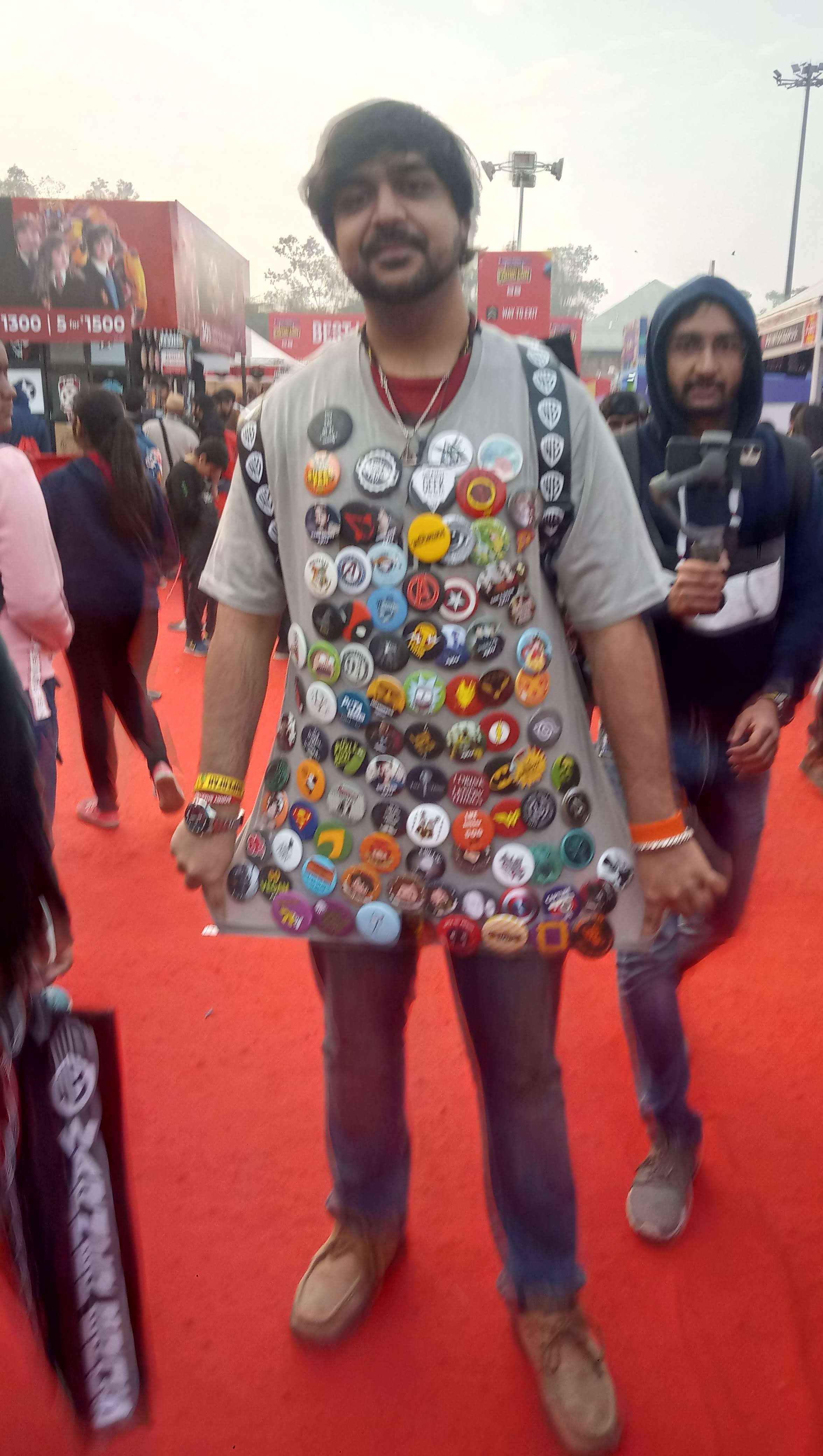 Badge-man, a walking pop culture musuem, at Comic Con India in New Delhi on Saturday, December 21, 2019.