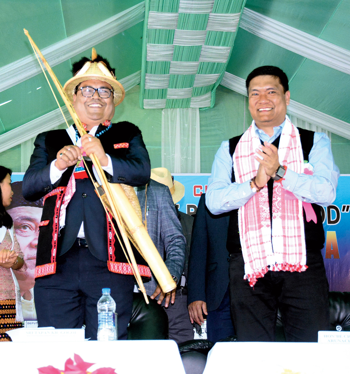 Arunachal chief minister Pema Khandu and Assam power minister Tapan Gogoi during the inauguration of the statue of Bhupen Hazarika at Bolung in Lower Dibang Valley of Arunachal Pradesh on Saturday.