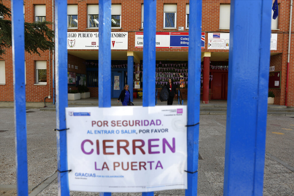 A closed school in Rivas Vaciamadrid, Spain, Wednesday, March 11, 2020.